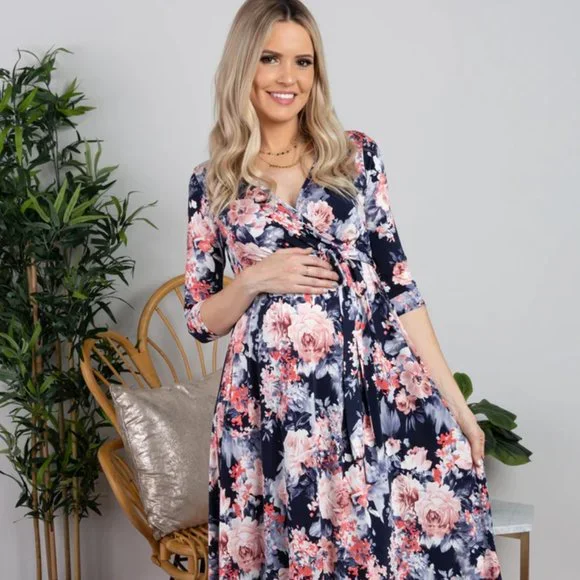 pink blush navy floral dress Navy Floral Shoulder Tie Tiered Maxi Dress